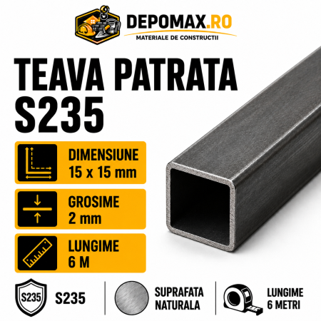 Teava patrata 15 x 15 x 2 mm, 6 metri